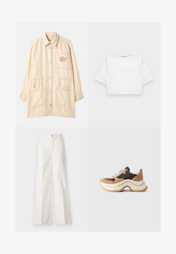 Bež oversize jakna iz bombaža z zapiranjem na gumb, dvema velikima sprednjima žepoma in izšitim logotipom na žepu za prsi.; Kratka bela majica iz mehkega materiala, s kratkimi rokavi, okroglega izreza in rebrastimi robovi. Preprost in neokrašen dizajn.; Bele široke hlače iz bombaža z gladko teksturo. Imajo gumb spredaj, zadrgo in zasnovo z štirimi žepi.; Teniske z debelim podplatom v bež in temno rjavi barvi s sue šnitami, belimi vezalkami in majhnim zlatim MK obeskom na strani.