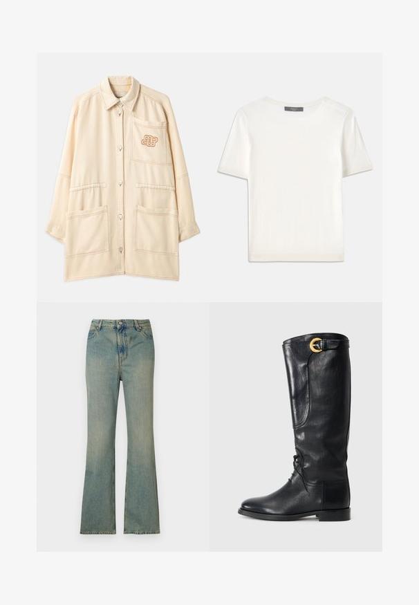 Jachetă oversized bej din bumbac, cu închidere cu nasture, două buzunare mari în față și un logo brodat pe buzunarul de la piept.; Top tricotat alb cu mânecă scurtă, cu decolteu rotund, având o textură netedă și accente subtile cu nervuri la mâneci și la margine.; Jeans din denim decolorat de culoare albastru deschis, cu talie înaltă, cinci buzunare și închidere cu fermoar. Finisaj curat și decolorat, cu detalii de cusătură subtile.; Cizme negre din piele, până la genunchi, cu vârful rotund, șireturi în față, detalii laterale și o cataramă aurie în partea de sus. Textură netedă.