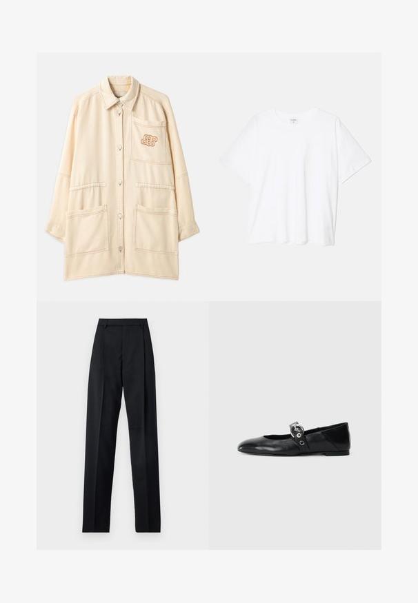 Giacca oversize beige in cotone con chiusura a bottoni, due grandi tasche frontali e un logo ricamato sulla tasca del petto.; T-shirt bianco in cotone con maniche corte, scollo rotondo, vestibilità comoda e orlo cucito. Etichetta visibile all'interno del colletto.; Pantaloni neri realizzati in tessuto morbido, caratterizzati da vita alta, gambe larghe, pince frontali e classiche passanti per cintura. Non ci sono tasche laterali visibili.; Ballerine in pelle nera con punta appuntita, dotate di una fascia con una fibbia metallica circolare e suola piatta.