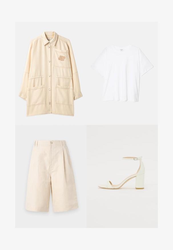 Beige oversized jacka i bomull med knappstängning, två stora frampocket och en broderad logotyp på bröstfickan.; Vit bomull t-shirt med kort ärm, rund halsringning, avslappnad passform och söm i nederkant. Etikett synlig på insidan av halsen.; Beige linnebyxor med avslappnad passform, utrustade med knappstängning, plisserad design och knälång längd. Slät textur och enkel stil.; Vit läder blockklack-sandalett med en ankelrem och spänne samt minimalistisk design. Öppen tå och släta ytor genomgående.