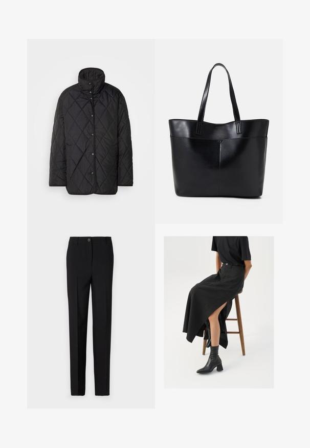 Lindex JACKET LUCILLE - Short coat - black; Light pink knit sweater with a round neckline, raglan sleeves, and ribbed cuffs. The texture is soft with a relaxed fit and minimal detailing.; Black tailored trousers with a straight leg design, featuring a button fastening and belt loops, made from smooth fabric.; Black linen maxi skirt with a high slit, worn with a black t-shirt and black ankle boots. Minimalistic design with a relaxed fit.; Black leather tote bag with two long handles, a smooth texture, and a structured shape. Features a front pocket for additional storage.
