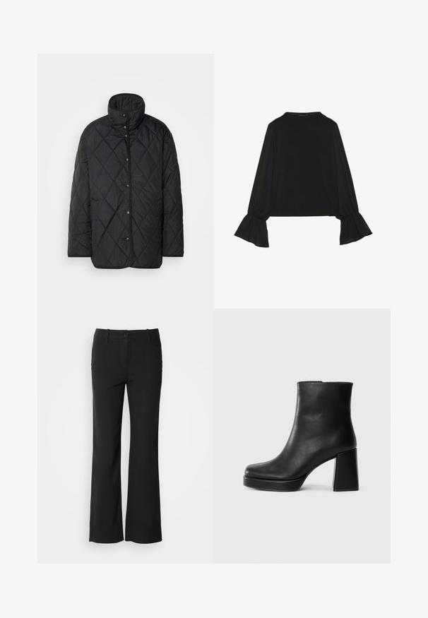 Lindex JACKET LUCILLE - Short coat - black; Black long-sleeve top featuring flared cuffs, soft texture, and a relaxed fit, with a simple round neckline.; Black cotton blend trousers with a straight-leg design, front button closure, and two side pockets. Smooth texture, no visible patterns.; Black leather ankle boot with a block heel and platform sole, viewed from the side on a plain white background.