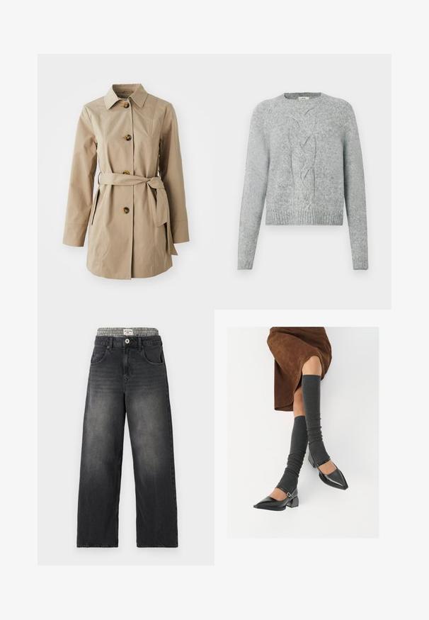 Beige trenchcoat met een kraaghals, lange mouwen, drie grote knopen, zijzakken en een stoffen riem in de taille.; Lichtgrijze gebreide trui met lange mouwen, ronde hals en een centraal kabelpatroon aan de voorkant.; Zwarte denim wijde jeans met een houndstooth patroon op de tailleband. Kenmerken zijn onder andere voorzakken en een knoopsluiting. Beschadigd textuur.; Zwarte gepatineerde leren pumps met een puntige neus, een blokhak en een enkelbandje, gecombineerd met grijze geribde beenwarmers en een bruine suède rok.