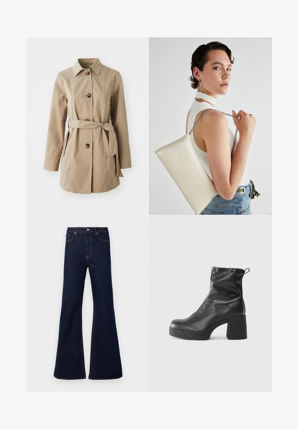 Beige színű trench coat, galléros nyakkal, hosszú ujjal, három nagy gombbal, oldalsó zsebekkel és szövet övvel a deréknál.; Fekete bordázott, hosszú ujjas, testhez simuló pulóver kerek nyakkivágással, világos, egyszínű háttér előtt kiemelve.; Sötétkék, bővülő farmernadrág magas derékkal, elülső zsebekkel és arany szálú varrással. Simább textúra, klasszikus szabás.; Fekete bokacsizmák sima bőrből, oldalsó cipzárral, vastag, texturált sarkú és lekerekített orrú dizájnnal.; Fehér, téglalap alakú, fényes anyagból készült clutch táska, ezüst láncos pánttal. A modell pózol, bemutatva a táskát egy egyszínű háttér előtt.