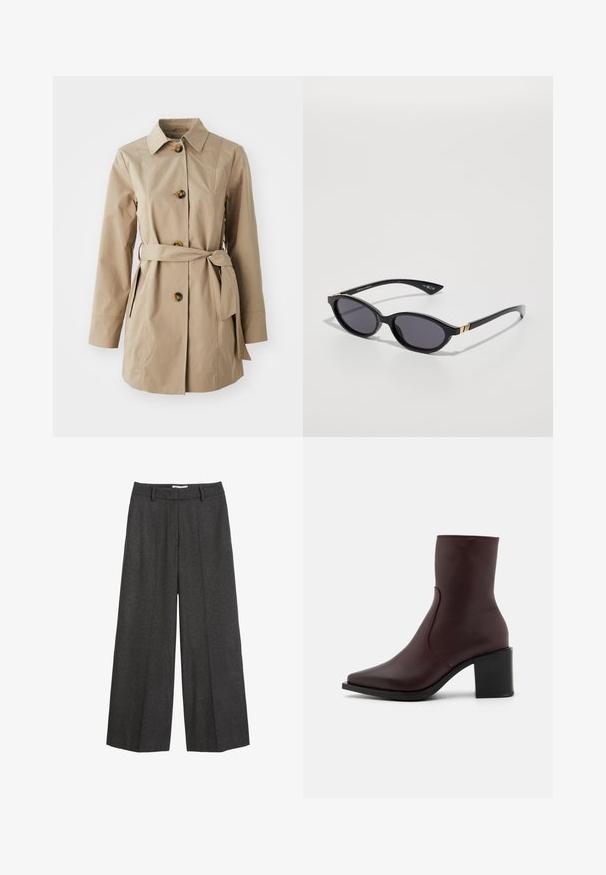 Beige trench coat, jossa on kauluskohouma, pitkät hihat, kolme suurta nappia, sivutaskut ja kangaspanta vyötäröllä.; Valkoinen nappikauluspaidat, joissa on pitkät hihat, rakenteellinen kaulus ja pyöristetty helma. Valmistettu sileästä, yksivärisestä kankaasta, jossa ei ole näkyviä kuvioita tai koristeita.; Hyviä leveälahkeisia housuja tummanharmaasta kankaasta. Varustettu räätälöidyllä vyötärökaistalla, jossa on vyölenkit, sileä tekstuuri ja minimaalinen ommelkorostus.; Zign LEATHER - Klassiset nilkkurit - bordeaux; Mustat aurinkolasit, joissa on ovaalit linssit, tummat sävygradientit ja kapeat varret, joissa on hienovaraiset kultaiset yksityiskohdat. Sileä muovipinta.; Tommy Hilfiger LIBRE FLAP CROSSOVER - Olkalaukku - deep rouge