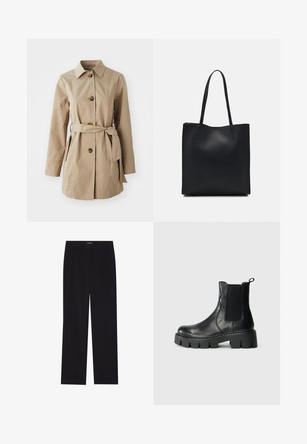 Béžový trenčkot s golierom, dlhými rukávmi, tromi veľkými gombíkmi, bočnými vreckami a látkovým opaskom v páse.; Čierne a biele tričká s dlhým rukávom, s okrúhlymi výstrihmi, jemnou tkaninou a priliehavým strihom so rovnými spodnými krajmi.; Čierne kordové nohavice so rovný strihom, s plochým pásom a bez viditeľných vreciek, hladkou textúrou a podrobnosťou vertikálneho ryhovania.; Čierne kožené členkové topánky s elastickými bočnými panelmi, hrubou podrážkou a pútkom na svetlosivom pozadí, bočný pohľad.; Čierna kožená taška na rameno s hladkým povrchom, obdĺžnikovým tvarom a dvoma dlhými uchami. Bez viditeľného kovania alebo ozdôb.