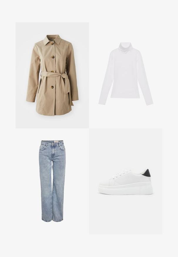 Béžový trenčkot s golierom, dlhými rukávmi, tromi veľkými gombíkmi, bočnými vreckami a látkovým opaskom v páse.; Biely dlhý rukáv v štýle roláka vyrobený z hladkej, elastickej tkaniny. Má vysoký golier a priliehavý strih, bez viditeľných vzorov alebo ozdôb.; Svetlomodré široké džínsy vyrobené z denimu, s vysokým pásom, päťvreckovým dizajnom a jemným vyblednutím pre opotrebovaný vzhľad.; Biele platformové tenisky vyrobené z hladkého syntetického materiálu, so zaoblenou špičkou, šnurovacím dizajnom a textúrovanou gumovou podrážkou. Čierny akcent na päte.