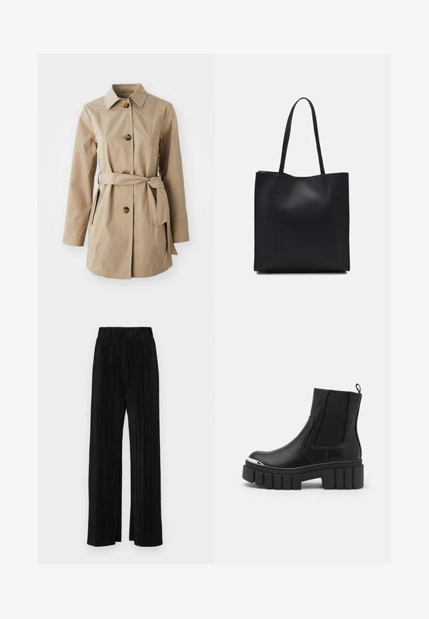 Beige trenchcoat met een kraaghals, lange mouwen, drie grote knopen, zijzakken en een stoffen riem in de taille.; Zwarte blouse met lange mouwen, gemaakt van een gladde stof, met een ronde halslijn en een getailleerde pasvorm, zonder zichtbare patronen of accenten.; Zwarte geplooide broek met een elastische tailleband. Beschikt over wijde pijpen en een glad, gestructureerd stof met verticale strepen.; Zwarte enkellaarsjes van soepel leer met elastische panels, een dikke plateauzool en een metalen neuskap.; Zwarte leren handtas met een gladde textuur, rechthoekige vorm en twee lange handvaten. Geen zichtbare hardware of versieringen.