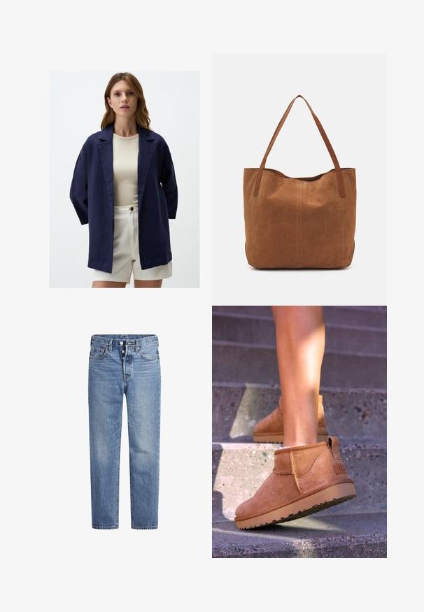 Blazer oversize in lino navy con colletto sciallato, apertura frontale e maniche a tre quarti, abbinato a una maglietta beige e pantaloni corti bianchi.; Maglione crema a costine con maniche lunghe, polsini e orlo a coste, caratterizzato da un piccolo logo ricamato sul lato sinistro del petto.; Jeans in denim blu chiaro con taglio dritto, design a cinque tasche e chiusura con bottone. Presentano una leggera sbiaditura e dettagli in cucitura arancione.; Stivali alla caviglia in suede beige con una consistenza morbida, dettagli cuciti e suola in gomma, dotati di un tacco ad anello per una facile vestibilità.; Borsa a spalla in suede marrone con due manici lunghi, caratterizzata da una texture liscia, design semplice e senza hardware o dettagli visibili.