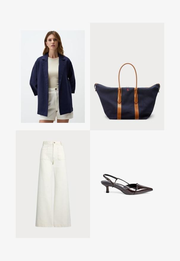 Blazer oversize in lino navy con colletto sciallato, apertura frontale e maniche a tre quarti, abbinato a una maglietta beige e pantaloni corti bianchi.; Camicia bianca a maniche lunghe con colletto classico, chiusura con bottoni e un piccolo logo ricamato sul polsino. Tessuto di cotone liscio con una texture semplice.; Jeans a gamba larga in denim bianco sporco. Design a vita alta con chiusura a bottone, due tasche frontali e dettagli di cucitura a contrasto.; Pump slingback in pelle lucida marrone con punta affusolata, tacco a blocco piccolo, design a fasce incrociate e dettaglio decorativo a fiocco nella parte anteriore.; Borsa a duffel in tela blu navy con strap in pelle beige, chiusura con zip e piccolo dettaglio rosso del logo sul fronte, caratterizzata da un design ampio e spazioso.