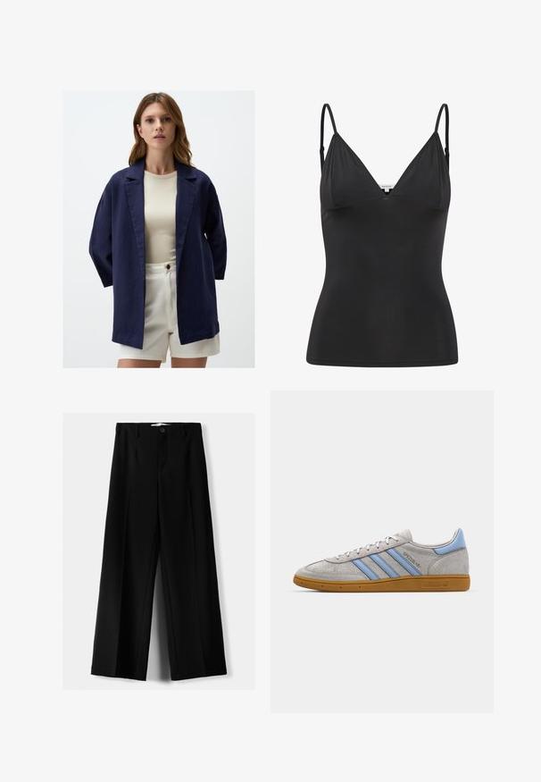 Marineblaues Leinen-Übergröße-Blazer mit Schalkragen, offener Front und Dreiviertelärmeln, kombiniert mit einem beigen Oberteil und weißen Shorts.; Schwarzes, tailliertes Camisole mit verstellbaren dünnen Trägern, V-Ausschnitt, nahtlosem Design und glatter Textur. Hergestellt aus einem weichen, dehnbaren Material.; Schwarze weite Hosen aus leichtem Stoff, mit einem Knopfverschluss vorne und flachem Bund, mit sorgfältig genähten Säumen.; Grau Wildleder Sneaker mit hellblauen Streifen, gummiertem Sohlenmaterial und Logo-Akzenten. Niedriges Design mit runder Zehenform und Schnürverschluss.