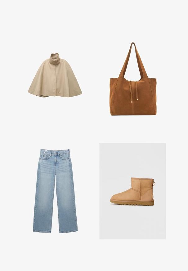 Béžový plášť v kapesním stylu, vyrobený z hladké tkaniny, s vysokým límcem a rovnou přední části, širokými rukávy a splývavým siluetou.; Krémový pletený svetr s velkým motivem americké vlajky a iniciály "RL" pletené na přední straně, s kulatým výstřihem a žebrovanými manžetami a lemem.; Bílá bavlněná tričko s krátkým rukávem, kulatým výstřihem a volným střihem. Materiál vypadá hladce, bez viditelných vzorů nebo grafik.; Světle modré džíny s širšími nohavicemi a vysokým pasem, pěti kapsami a subtilním vyblednutím, s kovovým knoflíkem a poutky na opasek.; Světlé semišové kotníkové boty s kulatou špičkou, prošívanými detaily, poutkem vzadu a texturovanou gumovou podrážkou. Navrženo pro pohodlí a teplo.; Hnědá semišová taška s dvěma dlouhými popruhy, stahovací šňůrkou a minimalistickým designem. Hladký povrch a žádné viditelné kovové akcenty.