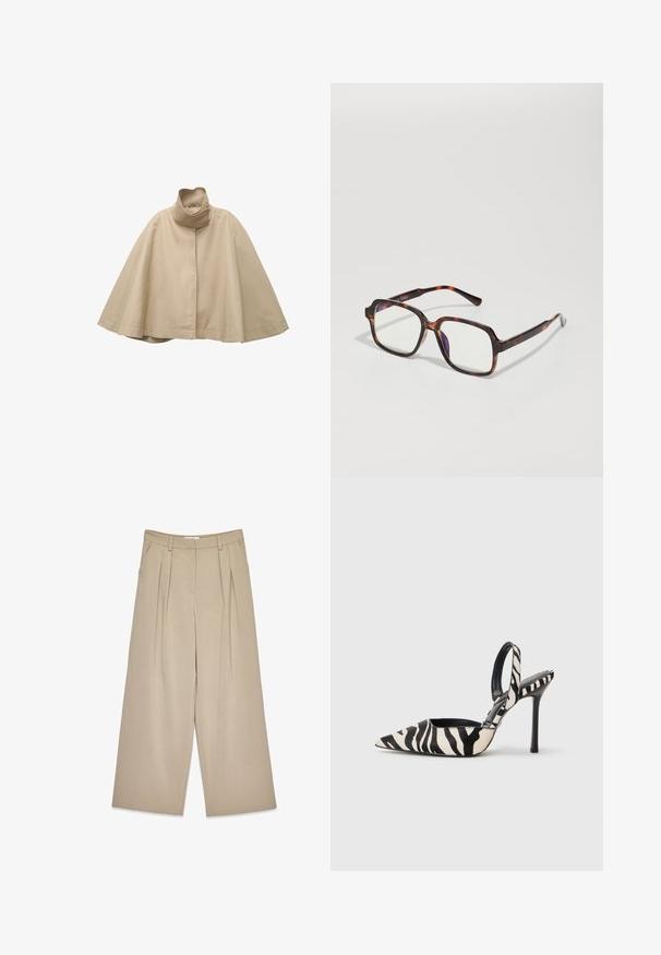 Beige kappe-stil frakke lavet af glat stof, med høj krave og lige frontdesign, brede ærmer og en flydende silhuet.; Hvid crewneck langærmet sweater med ribbede manchetter og kant, der har en blød, let fuzzy tekstur.; Beige viddebukser med frontfolder, sidelommer, bælteløkker og en skjult lukning foran.; Spids-syntetiske slingback hæle i sort og creme zebra-mønster, med en slank høj hæl og åben bagdesign med en sort inderside.; Skildpaddebriller med firkantede rammer, klare linser og slanke stænger med en diskret logodetalje. Mat og blank finish.; Anna Field LEATHER - Handsker - black