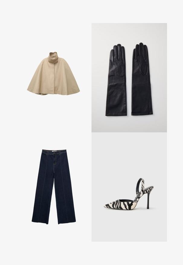 Beige kappe-stil frakke lavet af glat stof, med høj krave og lige frontdesign, brede ærmer og en flydende silhuet.; Hvid crewneck langærmet sweater med ribbede manchetter og kant, der har en blød, let fuzzy tekstur.; Bredde ben mørke denimbukser med kontraststing, høj talje og lige pasform. Har forlommer og en klassisk knaplukning.; Spids-syntetiske slingback hæle i sort og creme zebra-mønster, med en slank høj hæl og åben bagdesign med en sort inderside.; Anna Field LEATHER - Handsker - black