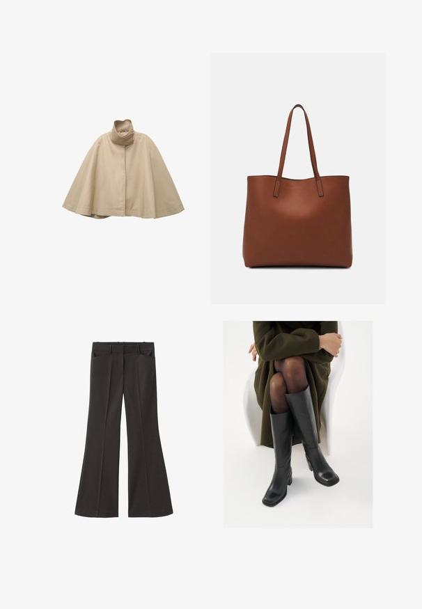 Beige cape-stijl jas van gladde stof, met een hoge kraag en een rechte voorkant, brede mouwen en een vloeiende silhoutte.; Bruine geribde gebreide trui met lange mouwen en een hoge hals, weergegeven vanuit de achterkant op een witte achtergrond.; Zwarte flared broek met een hoge taille; beschikt over twee voorkeurszakken en een gladde stoftextuur. Geschikt voor verschillende gelegenheden.; Knieschijf hoge zwarte leren laarzen met een vierkante neus en blokhak, getoond met een model dat zit in een olijfgroene jas. Gladde textuur, minimale details.; Bruine leren tote bag met een gladde textuur, een ontwerp met een open bovenkant en twee schouderbanden. Kenmerkt zich door minimale stiksels en geen zichtbare hardware.