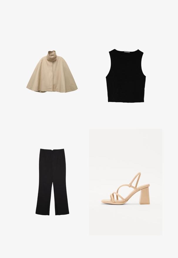 Beige kappe-stil frakke lavet af glat stof, med høj krave og lige frontdesign, brede ærmer og en flydende silhuet.; Sort ærmeløs crop top lavet af glat stof, med rund hals og et rent, enkelt design uden mønstre eller hardware.; Sorte bukser med lige pasform, der har frontlommer og slidser i kanten. Lavet af blødt, glat stof. Velegnet til forskellige anledninger.; Nude højhælede sandaler med en kvadratisk blokhæl, tynde stropper og en glat, blank finish. Simpelt design med en stropøverdel.