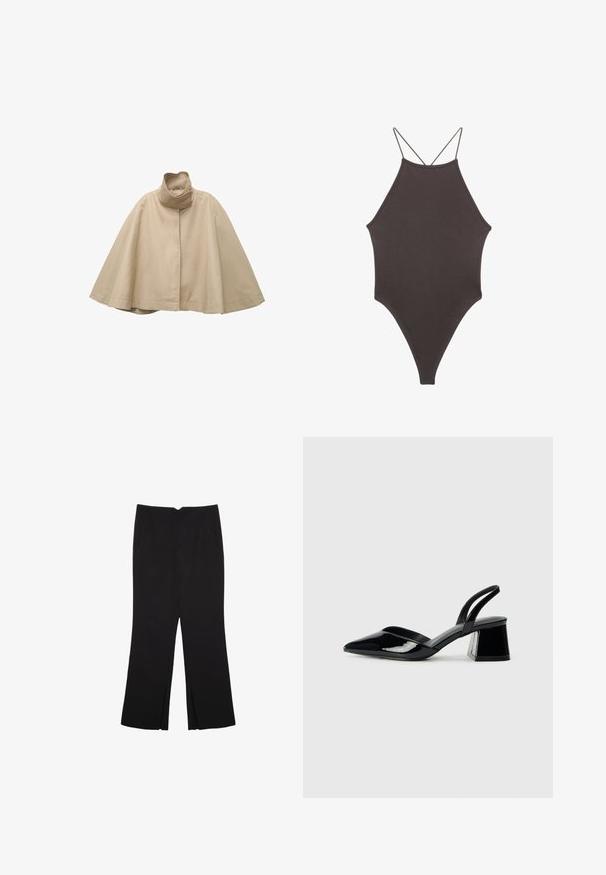 Cappotto beige in stile mantella realizzato in tessuto morbido, caratterizzato da un colletto alto e un design frontale dritto con maniche ampie e una silhouette fluida.; Costume da bagno intero marrone con collo alto e spalline sottili e regolabili; presenta una gamba alta e una texture liscia. Nessun motivo o decorazione.; Pantaloni neri a gamba dritta, con tasche frontali e spacchi laterali all'orlo. Realizzati in tessuto morbido e liscio. Adatti a diverse occasioni.; Décolleté in vernice nera con punta affusolata e tacco in geometria cubica. Presentano un design elegante e minimalista, con una texture liscia.