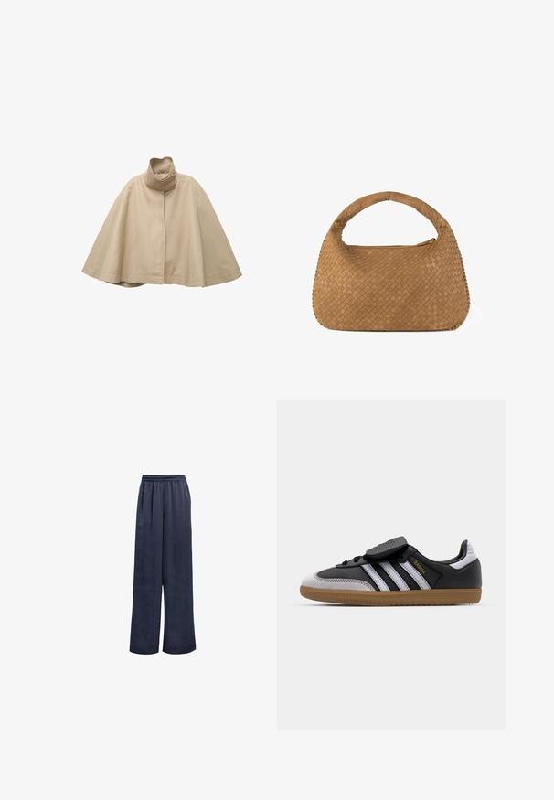 Bézs köpeny stílusú kabát sima textíliából, magas gallérral, egyenes elülső kialakítással, széles ujjakkal és légies sziluettel.; Fehér, pamutból készült, egyszerű dizájnnal rendelkező tank top, kerek kivágással és középen fekete "HUGO" logóval. Sima textúra.; Sötétkék, széles szárú nadrág sima anyagból, rugalmas derékkal és láthatatlan fémrészek nélkül. Lazább helyzetű és teljes hosszúságú kialakítással rendelkezik.; Fekete bőr és szürke velúr sneaker, fehér csíkokkal, gumitalppal, fűzős elülső résszel és tépőzáras pánttal. Az „Samba” felirat aranyszínű mintázattal is rendelkezik.; Szövetelt barna kézitáska lekerekített fogantyúval, puha bőrből készült. Cipzáros zárással és bonyolult kosárfonat mintával rendelkezik.