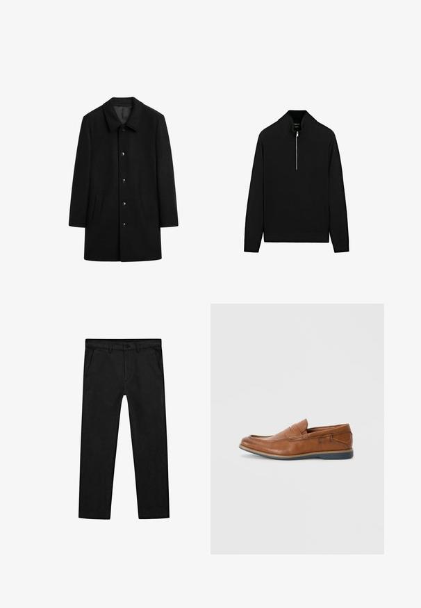 Black wool coat with a collar, front button closure, two side pockets, and a straight silhouette. Smooth texture with no visible patterns.; Black knitted sweater with a high collar and a half zipper. Features long sleeves and ribbed cuffs, made from a soft texture.; Black cotton pants featuring a straight-leg design, front pockets, and a classic button closure with a zip fly. Smooth texture, tailored fit.; Brown leather loafers with a round toe, stitched accents, and a low rubber sole. The design features a band across the upper.