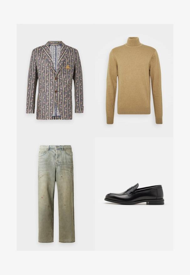 Floral-patterned blazer with navy and cream stripes, featuring a notch lapel, two buttons, and a chest pocket with emblem detail.; Beige turtleneck sweater made of soft knit fabric. Features long sleeves and a fitted design. Ribbed hem and collar accents.; Distressed denim jeans in light green, featuring a straight leg, five-pocket design, and uneven fading with paint splatters.; Black leather loafers with a smooth texture, rounded toe, and a decorative strap across the vamp. Low stacked heel, minimalist design.