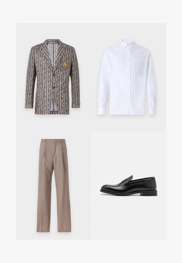 Gėlių raštas švarkas su tamsiai mėlynomis ir kreminėmis juostelėmis, turintis notch tipo apykaklę, dvi mygtukus ir krūtinės kišenę su emblemos detale.; Balta ilga rankovė mygtukų marškiniai, pagaminti iš medvilnės, su krūtine kišene ir toniniu siuvinėjimu, apykakle ir mygtukų apvadu.; Rudos, aukšto liemens kelnes, pagamintas iš tekstūruotos medžiagos. Plati kojos, dvi priekinės klostės struktūrai. Tvarkingas apdailos darbai, be matomų detalių.; Juodos odinės loafers, turinčios lygų paviršių, apvalią noselę ir dekoratyvinę juostą per priekinę dalį. Žemas krentantis kulnas, minimalistinis dizainas.