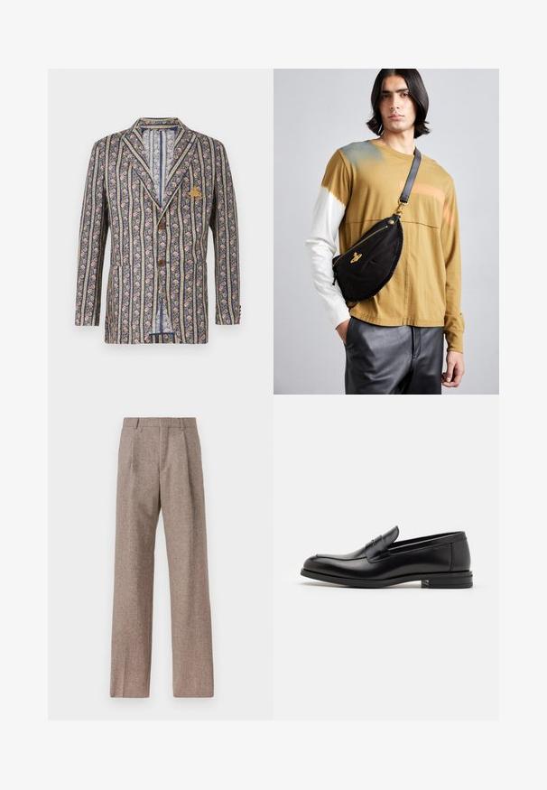 Σακάκι με φλοράλ μοτίβο και ναυτικές και κρεμ ρίγες, διαθέτοντας πέτο λάπης, δύο κουμπιά και τσέπη στο στήθος με λεπτομέρεια εμβλήματος.; Λευκό πουκάμισο με μακρύ μανίκι, φτιαγμένο από βαμβάκι, με τσέπη στο στήθος με τονικό κέντημα, γιακά και κουμπιά στους μανικέτες.; Καφέ παντελόνι με ψηλή μέση από υφαντό ύφασμα. Διαθέτει φαρδιές καβάτζες και δύο μανίκια μπροστά για δομή. Καθαρή φινίρισμα χωρίς ορατό εξοπλισμό.; Μαύρες δερμάτινες μπαλαρίνες με λεία υφή, στρογγυλή μύτη και διακοσμητική ταινία πάνω από το επάνω μέρος. Χαμηλός καπιτώνας, μινιμαλιστικός σχεδιασμός.; Vivienne Westwood CITY BUMBAG UNISEX - Τσαντάκι μέσης - black