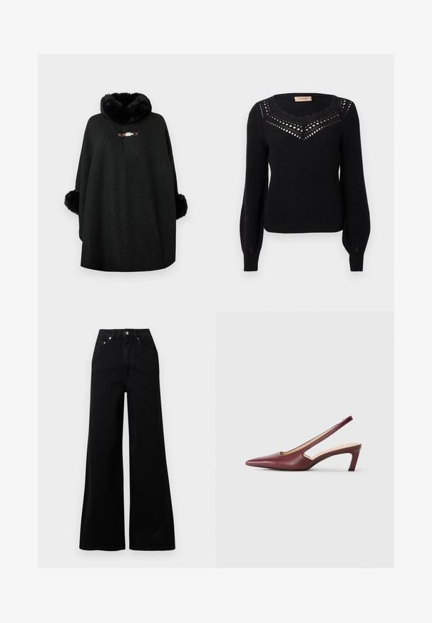 Črn pončo iz mešanice volnenih tkanin z mehkim ovratnikom in puhastimi manšetami. Ima dekorativno zaponko spredaj in brezšivno zasnovo.; Črni pulover z rebrasto teksturo, valovitim izrezom in odprto okrasno podrobnostjo na prsih. Dolgi rokavi in oprijet pas.; Črne široke jeans hlače iz jeansa, z visokim pasom, petimi žepi, sprednjo zapenjavo na gumbe in minimalnimi šivi.; Burgundske slingback pete s koničastim nosom, izrezi na straneh in srednje visoko blok peto. Gladek usnjeni zaključek.