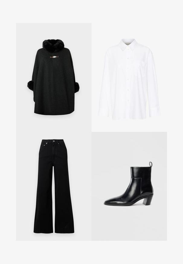 Poncho negro hecho de una mezcla de lana, con un cuello esponjoso y puños mullidos. Presenta un broche decorativo en el frente y un diseño sin costuras.; Camisa blanca de manga larga y cuello hecha de algodón. Presenta un cierre de botones en la parte delantera y un bolsillo en el pecho. Textura suave, ajuste relajado.; Vaqueros negros de pierna ancha hechos de mezclilla, con cintura alta, cinco bolsillos, cierre frontal con botones y detalles de costura mínimos.; Botín de piel negra hasta el tobillo con punta afilada, tacón apilado geométrico y una lengüeta en la parte posterior. Textura suave y diseño elegante.