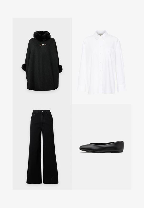 Poncho negro hecho de una mezcla de lana, con un cuello esponjoso y puños mullidos. Presenta un broche decorativo en el frente y un diseño sin costuras.; Camisa blanca de manga larga y cuello hecha de algodón. Presenta un cierre de botones en la parte delantera y un bolsillo en el pecho. Textura suave, ajuste relajado.; Vaqueros negros de pierna ancha hechos de mezclilla, con cintura alta, cinco bolsillos, cierre frontal con botones y detalles de costura mínimos.; Paul Smith TOPANGA - Bailarinas - black