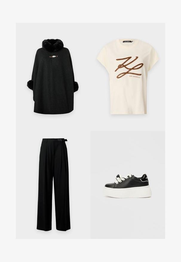 Čierny pončo vyrobené z vlnenej zmesi s chlpatým golierom a huňatými manžetami. Obsahuje dekoratívny sponu vpredu a bezšvový dizajn.; Krémové bavlnené tričko s krátkymi rukávmi, na prednej strane s hnedou vyšitou šedou nášivkou a nápisom.; Čierne široké nohavice s vysokým pásom, skladmi vpredu a opaskom s prackou. Vyrobené z hladkej, ľahkej textílie.; Čierne kožené tenisky s hrubou bielou rebrovanou podošvou, so svetlými šnúrkami a dekoračným uzlom na jazyku.