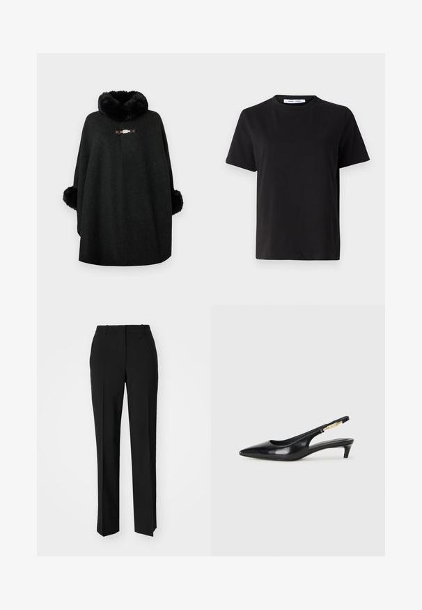 Svart poncho laget av en ullblandingsstoff med en fluffy krage og lodne mansjetter. Har en dekorativ klaff foran og et sømløst design.; Svart kortermet t-skjorte laget av myk bomull, med rund hals, avslappet passform og en jevn tekstur. Ingen synlige mønstre eller grafikk.; Sorte skreddersydde bukser med rett silhuett, med en glatt tekstur og klare pressede bretter foran. Ingen synlig maskinvare.; Sorte lærreim hæler med spiss tå, som har en slank hæl og en gullfarget detalj på den justerbare stroppen. Glatt tekstur.