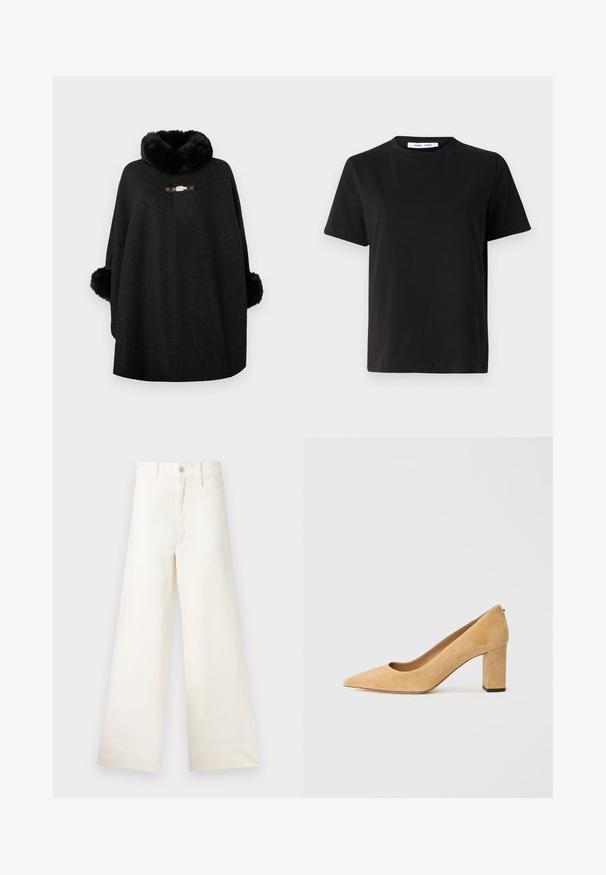 Juodas pončas, pagamintas iš vilnos mišinio audinio, su pūkuotu apykakle ir neryškiais rankogaliais. Priekyje yra dekoratyvinis sagtis ir bejungtarinis dizainas.; Juodas trumpas rankovės marškinėliai, pagaminti iš minkštos medvilnės, su apvaliu iškirpimu, laisvu pritaikymu ir lygiu paviršiumi. Nėra matomų raštų ar grafikos.; Platus kojų kelnes šviesiai smėlio spalvos medvilnės. Aukšta juosmens linija, priekinės kišenės ir tiesus kirpimas. Švarus apvadas be raštų.; Bežiniai zomšiniai aukštakulniai bateliai su smaigaliu ir masyviu blokiniu kulnu. Medžiaga turi švelnų tekstūrą ir lygią apdailą.