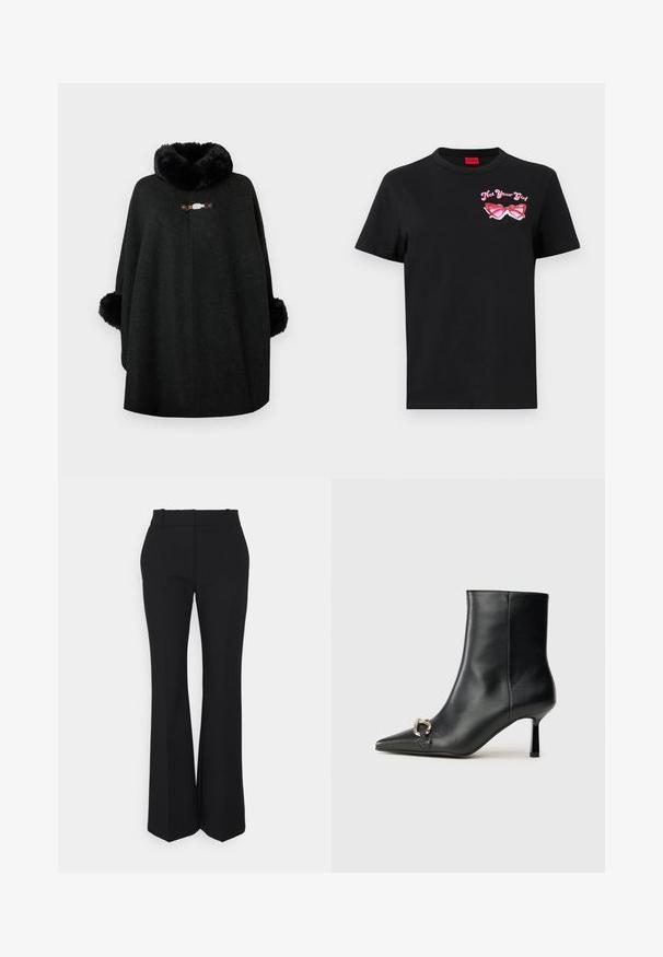 Poncho nero realizzato in tessuto misto lana con colletto soffice e polsini pelosi. Presenta una chiusura decorativa sul davanti e un design senza cuciture.; T-shirt in cotone nero con maniche corte, caratterizzato da una grafica rosa di occhiali da sole e la scritta "Non tua ragazza" sulla parte sinistra del petto.; Pantaloni neri plissettati con un taglio dritto, realizzati in un tessuto morbido. Presentano una vita alta e tasche laterali invisibili.; Stivale alla caviglia in pelle nera con punta affusolata, tacco sottile di media altezza e dettaglio in fibbia argentata sul lato, su sfondo semplice.