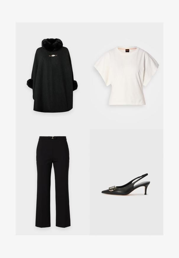 Crni pončo od mješavine vune s pahuljastim ovratnikom i dlačicama na manžetama. Ima ukrasni kopč na prednjoj strani i bezšavnu izvedbu.; Bijeli skraćeni T-shirt, široke kratke rukave, mekani pamučni materijal, okrugli izrez s suptilnim narančastim detaljem, minimalistički dizajn, bez uzoraka ili grafika.; Crne hlače visokog struka od glatkog materijala, s pojasom sa zlatnom kopčom i dizajnom nogavica koje se šire.; Crna kožna slingback pumpsica s šiljastim vrhom, detaljem zlatne kopče, tankom petom i glatkom teksturom. Minimalistički dizajn olakšava kombiniranje.
