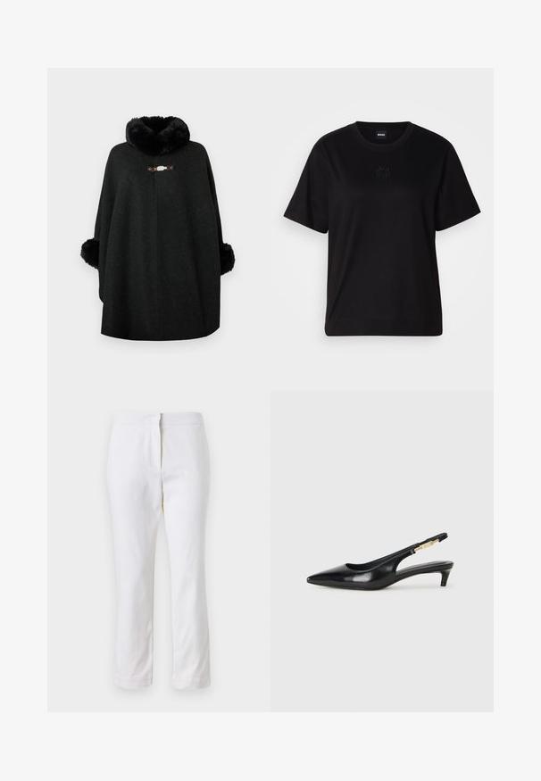 Černý pončo vyrobený z vlněné směsi s huňatým límcem a načechranými manžetami. Má zdobný spínací mechanismus vpředu a bezšvový design.; Černé bavlněné tričko s kulatým výstřihem, krátkými rukávy a vyšitým logem na hrudi. Jednoduchý, volný střih bez vzorů.; Bílé bavlněné kalhoty s rovnou nohavicou, s středně vysokým pasem a bez viditelných kovových prvků nebo vzorů. Hladká textura po celém povrchu.; Černé kožené boty na podpatku s otevřenou patou a špičatou špičkou, s tenkým podpatkem a zlatým akcentem na nastavitelném pásku. Hladký povrch.