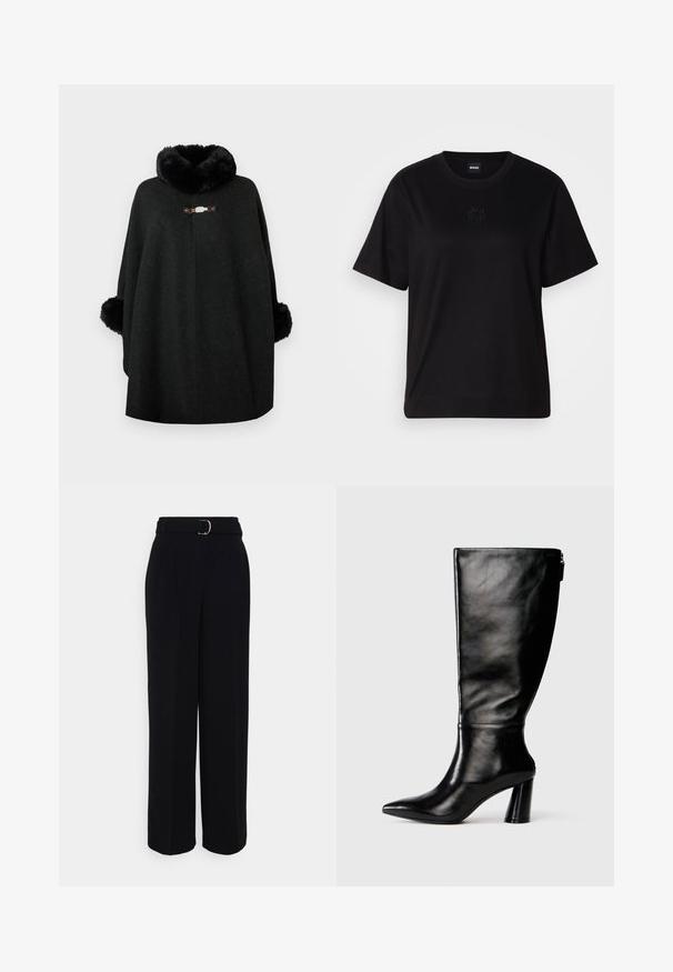 Zwarte poncho gemaakt van een wolblend stof met een fluffy kraag en fuzzy manchetten. Beschikt over een decoratieve sluiting aan de voorkant en een naadloos ontwerp.; Zwarte katoenen t-shirt met een ronde hals, korte mouwen en een geborduurd logo op de borst. Eenvoudige, comfortabele pasvorm zonder patronen.; Zwarte op maat gemaakte broek met een wijde pijpen-silhouet, voorzien van een riem met een zilveren gesp, plooien en een gladde stofstructuur.; Zwart leren laars tot de knie met een puntige neus, gladde textuur en een chunky hak. Bevat een ritsdetail aan de achterkant.