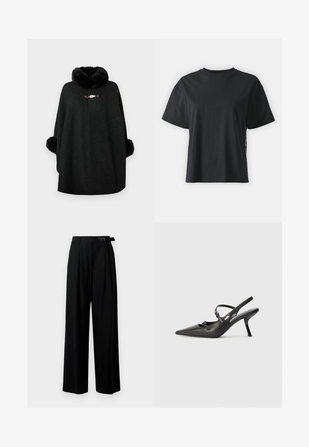 Melnā pončo, izgatavota no vilnas maisījuma auduma, ar pūkainu apkakli un pūkainiem piedurkņu galiem. Priekšpusē ir dekoratīvs aizdare un bezšuvju dizains.; Melna īsām piedurknēm kokvilnas t-kreklu ar brīvu piegriezumu un kontrastējošu sānu paneli, kas satur nelielu tekstu un dizaina detaļas.; Melni plaši bikses ar augsto jostasvītru, priekšā ar krokojiem un jostu ar sprādzi. Izgatavotas no gludas, vieglas auduma.; Melnas ādas slingback papēži ar norādītu purngalu, izsmalcinātu papēdi un dekoratīvu sprādzi uz priekšpuses. Gluda tekstūra un elegants dizains.