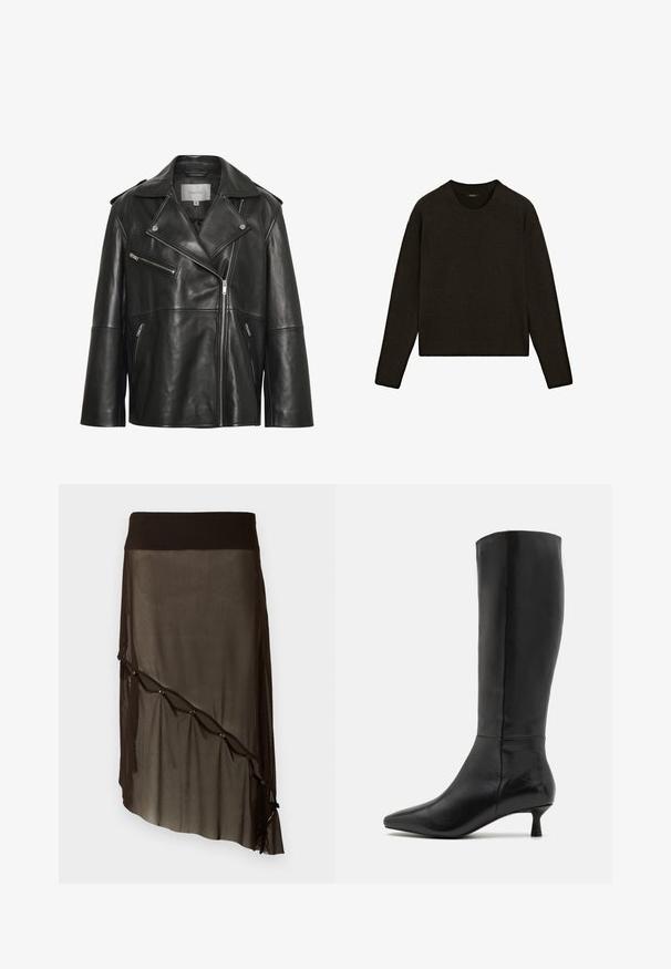 Black leather biker jacket with a notched collar, asymmetrical front zipper, zippered pockets, and understated stitching details.; Dark brown knitted sweater with a crew neckline, long sleeves, and ribbed hem. Soft texture with a relaxed fit, suitable for layering.; Black mesh skirt with a fitted waistband, asymmetrical hem, decorative buttons along the front, and layered sheer texture.; Zign Boots - black