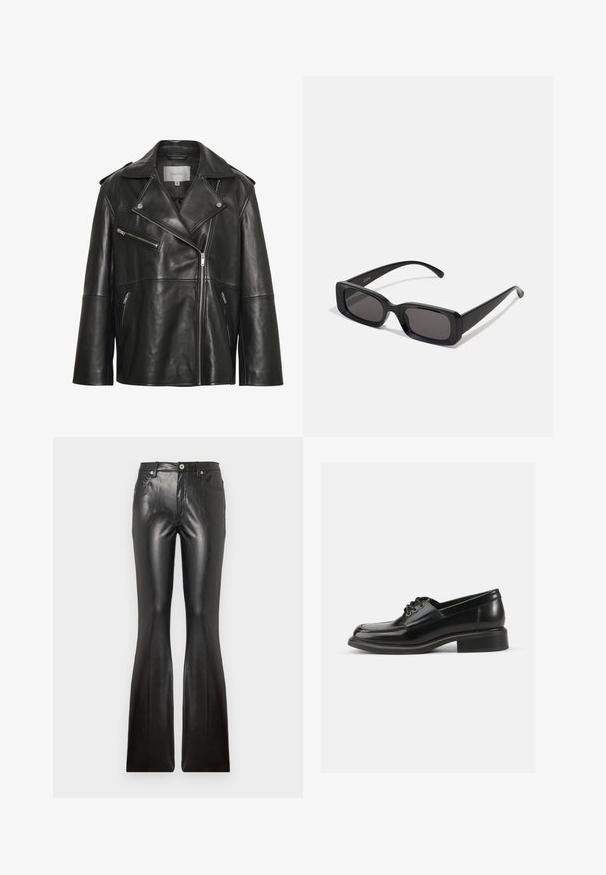 Svart skinnbikerjacka med kavajkrage, asymmetrisk framdragkedja, fickor med dragkedja och diskreta sömnadsdetaljer.; Två ärmlösa linnen: ett vitt med ribbad textur och ett ljusgrått med subtilt melerat mönster. Båda har rund halsringning.; Svarta läderbyxor med utsvängd benform, som har en slät yta, fem fickor, knappstängning framtill och en åtsittande silhuett genom låren.; Svart läderskor med en slät yta, rund tå, snörning med två öglor och en stadig blockklack. Enkel design utan mönster.; Svarta rektangulära solglasögon med mörka linser, glänsande yta, breda skalmar och en gedigen ramdesign. Graverat märke på ena skalmen.