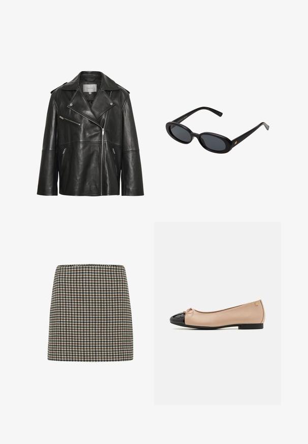 Zwarte leren motorjack met een ingesneden kraag, asymmetrische ritssluiting aan de voorkant, ritszakken en subtiele stikseldetails.; Witte katoenen t-shirt met korte mouwen en een ronde hals. Bevat een roze label aan de binnenkant van de hals. Soepele textuur.; Gekblokte minirok in zwart, bruin en crème. Gestructureerde vorm met een hoge taille. Zachte textuur van de stof met een consistent ruitpatroon.; Ballet flats met een beige satijnen bovenkant, zwarte lakleren neuskap, kleine strikdetail aan de voorkant en een lage zwarte hak.; Zwarte oversized zonnebril met ovale lenzen, een glad plastic montuur en gouden accenten op de pootjes. Donkere lenzen bieden bescherming tegen de zon.; Grijze suède tote bag met twee donkere leren hengsels. Kenmerkt zich door gestikte details aan de zijkanten, een zachte textuur en een ruime opening.