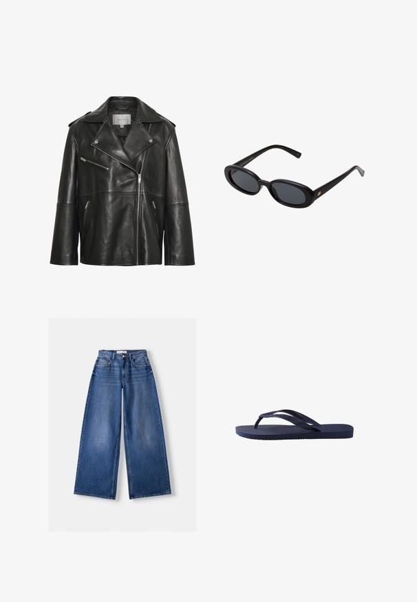 Schwarze Lederbikerjacke mit einem Reverskragen, asymmetrischem Frontreißverschluss, Reißverschlusstaschen und dezenten Nähdetails.; Weißes Baumwoll-T-Shirt mit kurzen Ärmeln, rundem Ausschnitt und glatter Textur. Die Rückseite ist einfarbig ohne zusätzliche Muster oder Designs.; Bershka WIDE-LEG - Wide Leg - dark blue; Marineblaue Flip-Flops mit strukturierten Gummiträgern und Sohle, die ein wellenförmiges Muster auf den Trägern und ein flaches, geriffeltes Fußbett haben.; Schwarze, oversized Sonnenbrillen mit ovalen Gläsern, glattem Kunststoffrahmen und goldenen Akzenten an den Bügeln. Die dunklen Gläser bieten Sonnenschutz.