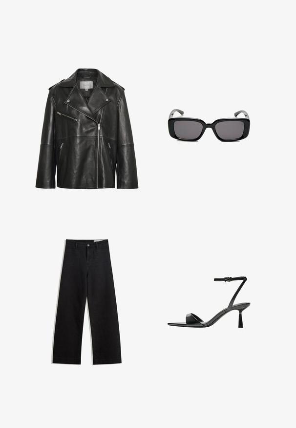 Crna kožna jakna sa širokim reverom s urezom, asimetričnim prednjim patentnim zatvaračem i višestrukim džepovima na patentni zatvarač. Glatka tekstura i prilagođeni kroj.; Crni bodysuit kratkih rukava s okruglim izrezom i visokim izrezima na nogavicama, napravljen od glatkog, rastezljivog materijala.; Crne široke traperice s visokim strukom, s prednjim i stražnjim džepovima, šivenim šavovima i kopčanjem na gumb. Glatka tekstura.; Bershka Sandale s visokom petom - black; Crne pravokutne sunčane naočale s tamnim lećama, glatkim plastičnim okvirom i zakrivljenim državama. Dizajn je masivan s minimalističkom estetikom.