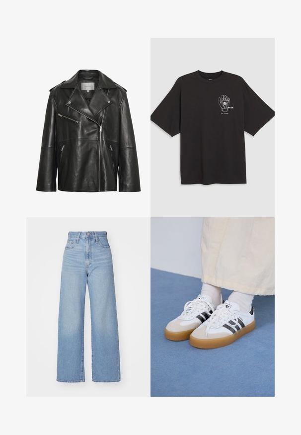 Juodas odinis motociklininko švarkas su įpjautu apykakle, asimetrišku priekiniu užtrauktuku, užtrauktukais užsegamomis kišenėmis ir kukliomis siuvimo detalėmis.; Juodas medvilninis marškinėliai su trumpomis rankovėmis, su ranka grafika ir tekstu "Levi's LA LUNE" balta spalva kairėje krūtinės pusėje.; Šviesiai mėlynos aukšto liemens plačios kojos džinsai su priekiniais užtrauktukais ir sagom, priekinėmis ir galinėmis kišenėmis, ant baltos fono.; Baltos sportbačiai su noir juostomis ir šviesiai rudos zomšos akcentais. Yra tekstūruota gumos padas ir plokščiomis baltomis raištelėmis, dėvimi su šviesiai spalvotomis kojinėmis.