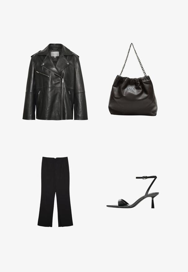 Čierna kožená motorkárska bunda s rázporkom, asymetrickým predným zipsom, zipsovými vreckami a nenápadnými švíkami.; Čierny tank top vyrobený z bavlny, s okrúhlym výstrihom a širokými ramienkami. Hladká textúra so zošitými okrajmi. Klasický, minimalistický dizajn.; Čierne nohavice so strihom rovného strihu, s prednými vreckami a bočnými rozparkami na leme. Vyrobené z mäkkej, hladkej tkaniny. Vhodné na rôzne príležitosti.; Bershka Sandále na vysokom opätku - black; Hnedá kožená taška so zberaným vrchom a reťazovým popruhom. Hladký povrch s lesklým finišom a jemným švom po stranách.