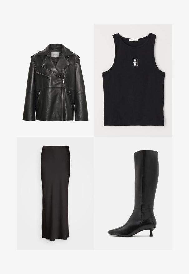 Sort læder bikerjakke med en klapkrave, asymmetrisk frontlynlås, lynlåslommer og enkle stikninger.; Sort ribbet tanktop med rund hals og hvidt broderet logo. Stoffet har en glat tekstur med en tætsiddende form.; Sort, maxiskørt i satin med en glat tekstur, tætsiddende talje og A-formet silhuet, uden synlige udsmykninger eller mønstre.; Zign Høje støvler/ Støvler - black
