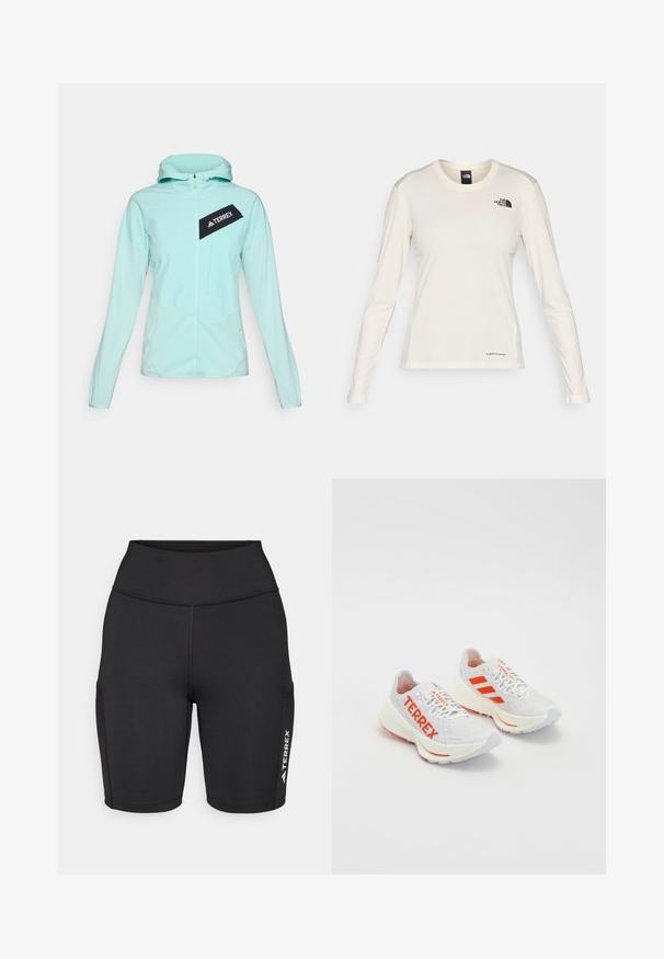 adidas Terrex Outdoor jacket - semi flash aqua; The North Face SHADOW LONG SLEEVE - Long sleeved top - white dune; Black athletic shorts made of stretchy fabric, featuring a high waistband, side pockets, and a white logo accent on one leg.; White running shoes with orange accents. Mesh material, rounded toe, and thick midsole. "TERREX" printed on lateral side and three stripes on heel.