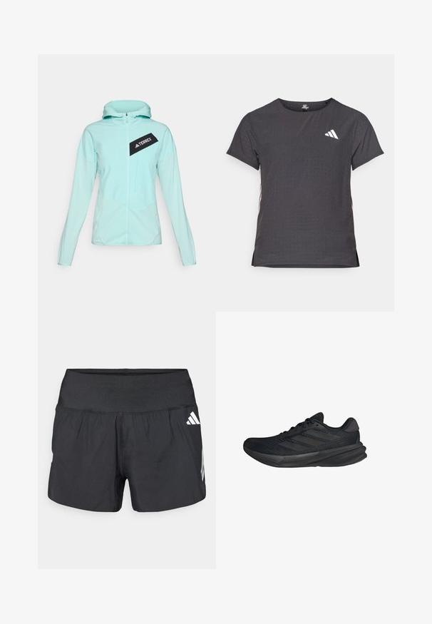 adidas Terrex Outdoor jacket - semi flash aqua; Short-sleeve athletic t-shirt, dark gray with perforated texture. Features a white logo and contrasting side stripes. Rounded neckline.; Black athletic shorts featuring a wide elastic waistband, lightweight fabric, and white logo accents on the lower side.; Black athletic shoes with a mesh upper, streamlined shape, flat sole, and three diagonal stripes on the side. Lightweight design for comfort.