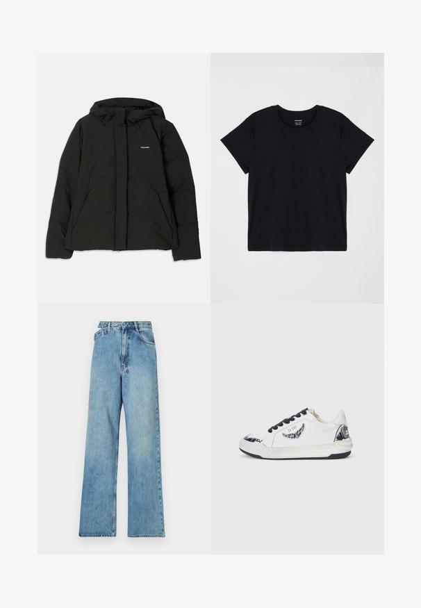 Fekete puff jacket kapucnival, elöl cipzárral, két nagy elülső zsebbel és egy kis logóval a mellkason. Simító, szigetelt anyagból készült.; Fekete, rövid ujjú póló, amely puha pamutból készült. Klasszikus kerek nyakú dizájn, egyszerű, díszítetlen felülettel és laza szabással.; Világoskék farmer széles lábú nadrág közepes derekú, öt zsebbel és gombos záródással, fém alkatrészekkel és koptatott felülettel.; Fehér sneaker fekete akcentussal, az oldalon texturált mintázattal, fekete fűzőkkel és gumitalppal. Logó és művészeti mintázat a felső részen.
