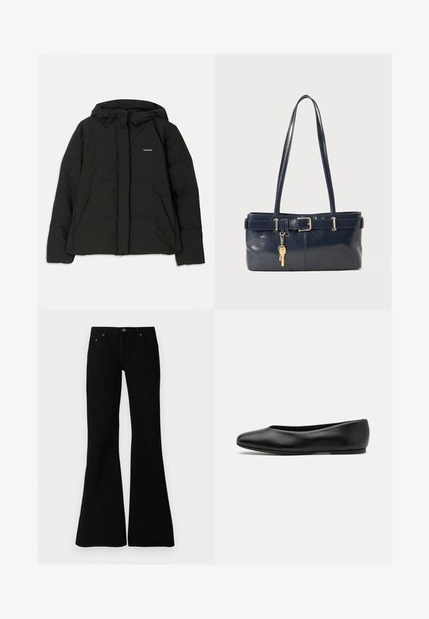 Crna puffer jakna s kapuljačom, prednjim patentnim zatvaračem, dva velika prednja džepa i malim logotipom na grudima. Izrađena od glatkog, termoizolacijskog materijala.; Crna majica kratkih rukava od pamuka, s okruglim izrezom i malim logom na lijevoj strani prsa. Glatka tekstura i ležeran kroj.; Crne trapezaste traperice izrađene od denima, s klasičnim dizajnom od pet džepova, kopčanjem na gumb i suptilnim šavovima uz rubove.; Paul Smith TOPANGA - Balerinke - black; Morska kožna torbica s dva duga ramena, detaljem kopče i privjeskom za ključeve. Ima glatku teksturu i pravokutni oblik.