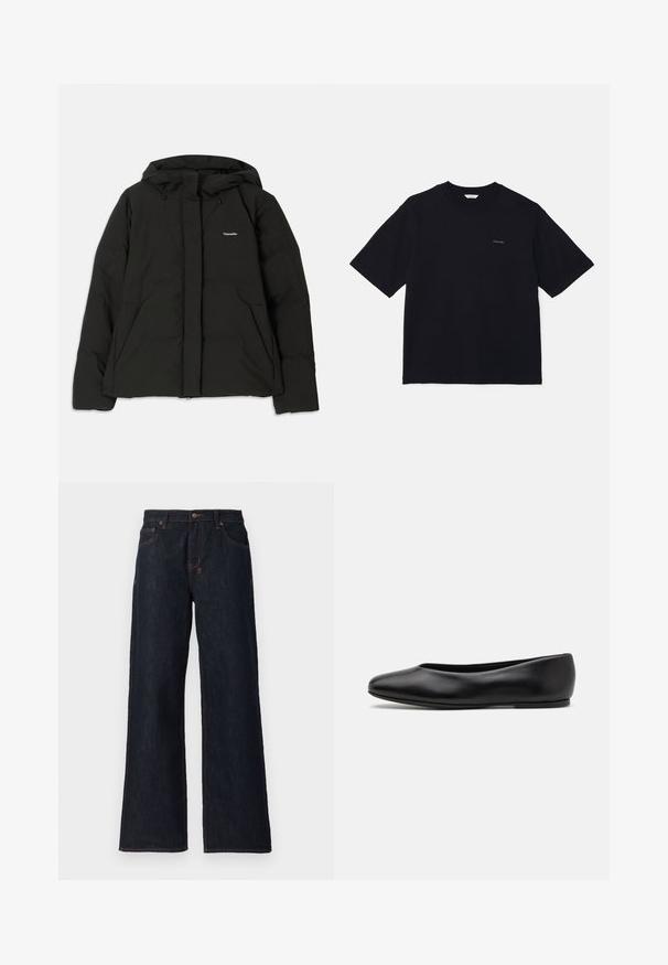 Crna puffer jakna s kapuljačom, prednjim patentnim zatvaračem, dva velika prednja džepa i malim logotipom na grudima. Izrađena od glatkog, termoizolacijskog materijala.; Crna majica kratkih rukava od pamuka, s okruglim izrezom i malim logom na lijevoj strani prsa. Glatka tekstura i ležeran kroj.; Tamno plave široke traperice s narančastim šavovima, s dva prednja džepa i gumbom zatvaranja na struku.; Paul Smith TOPANGA - Balerinke - black